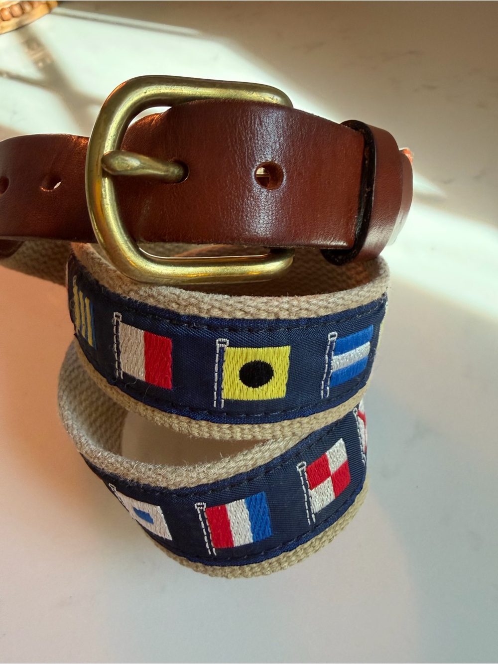 Leather Man Nautical Signal Flag Belt Leather Canvas Solid Brass Buckle Size 34